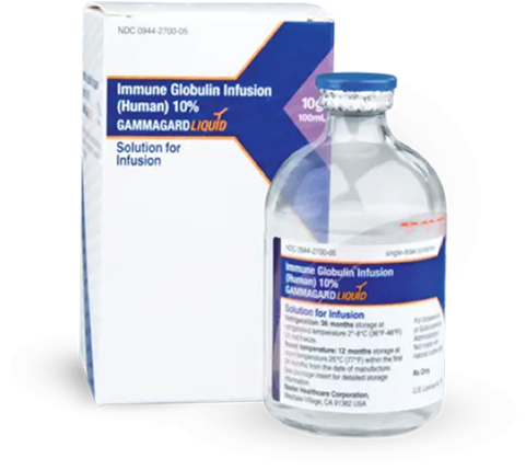 GAMMAGARD LIQUID 10% IVIG dosing vial used for PIDD and MMN treatment.