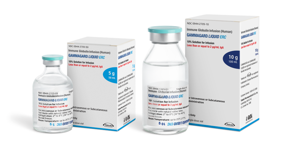 GAMMAGARD LIQUID ERC vials in 5g and 10g sizes.